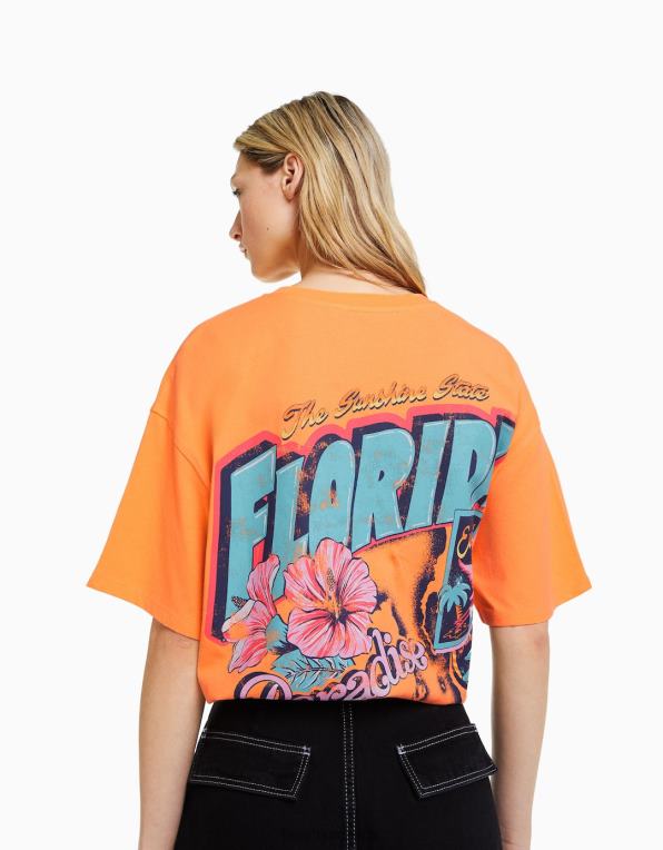 ženy Bershka tričko s krátkým rukávem a potiskem P8844327 oblečení oranžový