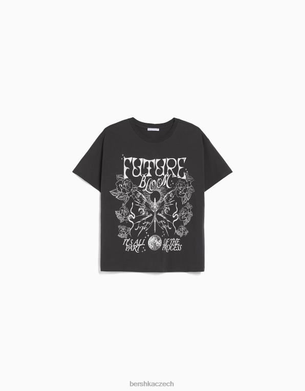 ženy Bershka tričko s krátkým rukávem a potiskem P8844504 oblečení tmavošedý