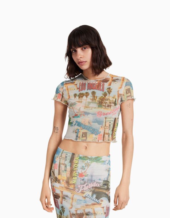 ženy Bershka tričko s krátkým rukávem a potiskem ze síťoviny P8844364 oblečení krém