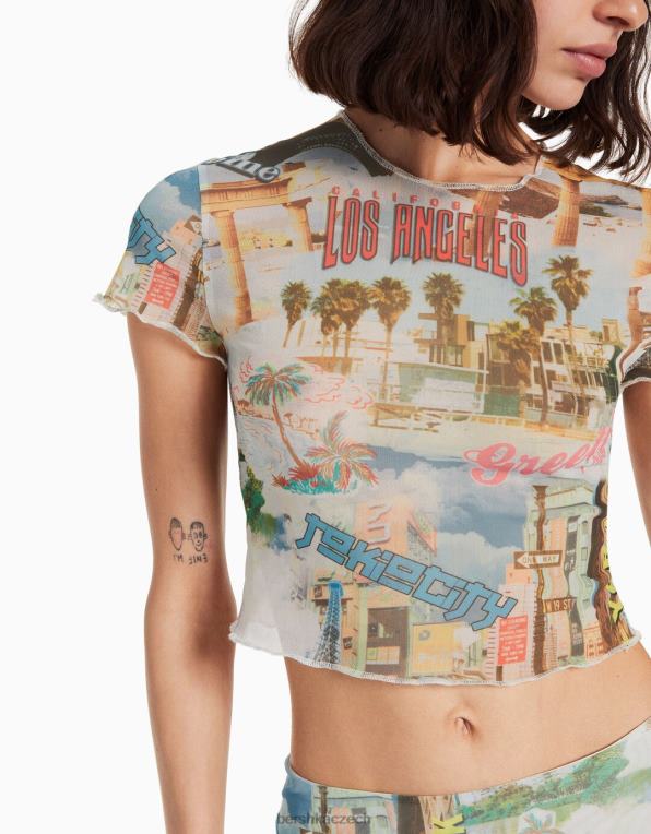 ženy Bershka tričko s krátkým rukávem a potiskem ze síťoviny P8844364 oblečení krém