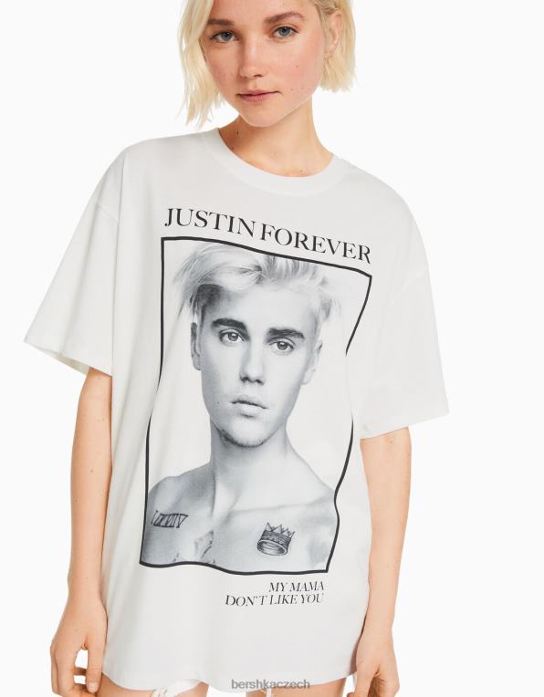 ženy Bershka tričko s krátkým rukávem s potiskem Justin Bieber P8844472 oblečení špinavě bílé