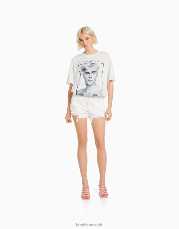 ženy Bershka tričko s krátkým rukávem s potiskem Justin Bieber P8844472 oblečení špinavě bílé