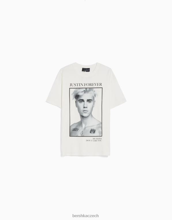 ženy Bershka tričko s krátkým rukávem s potiskem Justin Bieber P8844472 oblečení špinavě bílé