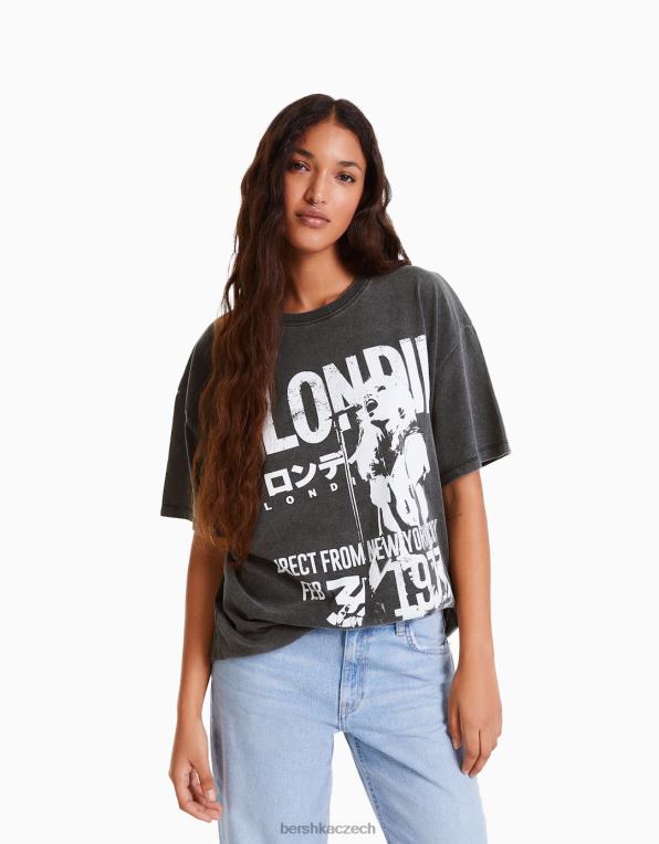 ženy Bershka tričko s krátkým rukávem s potiskem blondie P8844551 oblečení Šedá