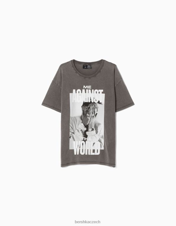 ženy Bershka tričko s krátkým rukávem s tupacovým potiskem P8844555 oblečení Šedá