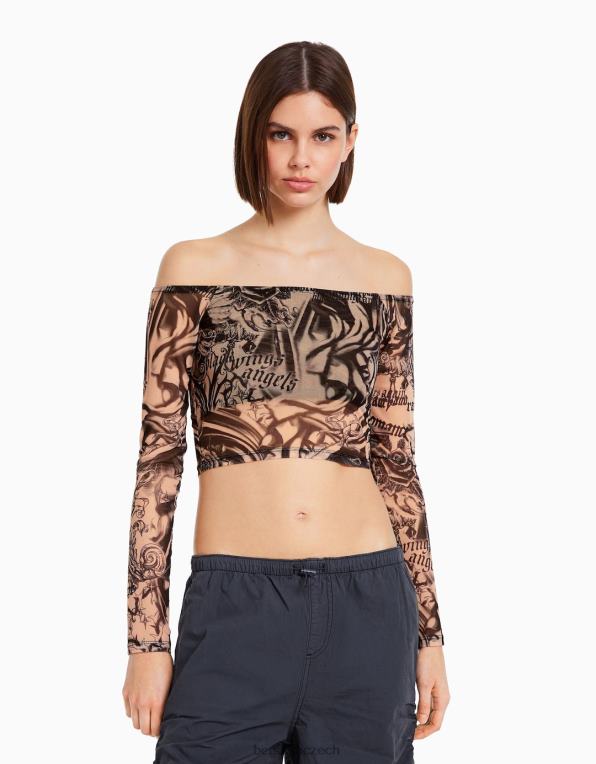 ženy Bershka tylové tričko s dlouhým rukávem přes rameno P8844486 oblečení růžový