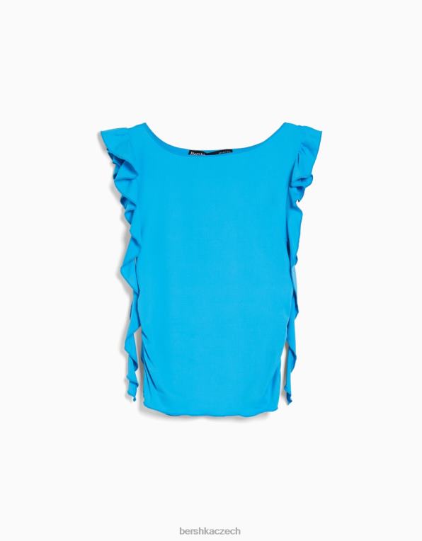 ženy Bershka volánkové tričko s krátkým rukávem P8844300 oblečení modrý