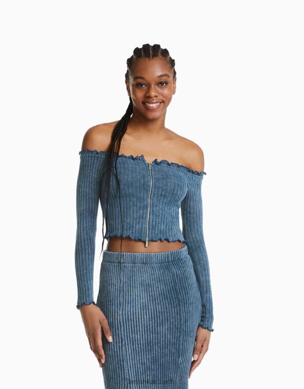 ženy Bershka vybledlé vypasované tričko s dlouhým rukávem se zipem P88442044 oblečení světle modrá