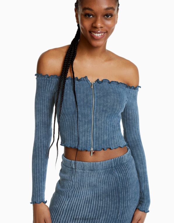 ženy Bershka vybledlé vypasované tričko s dlouhým rukávem se zipem P88442044 oblečení světle modrá