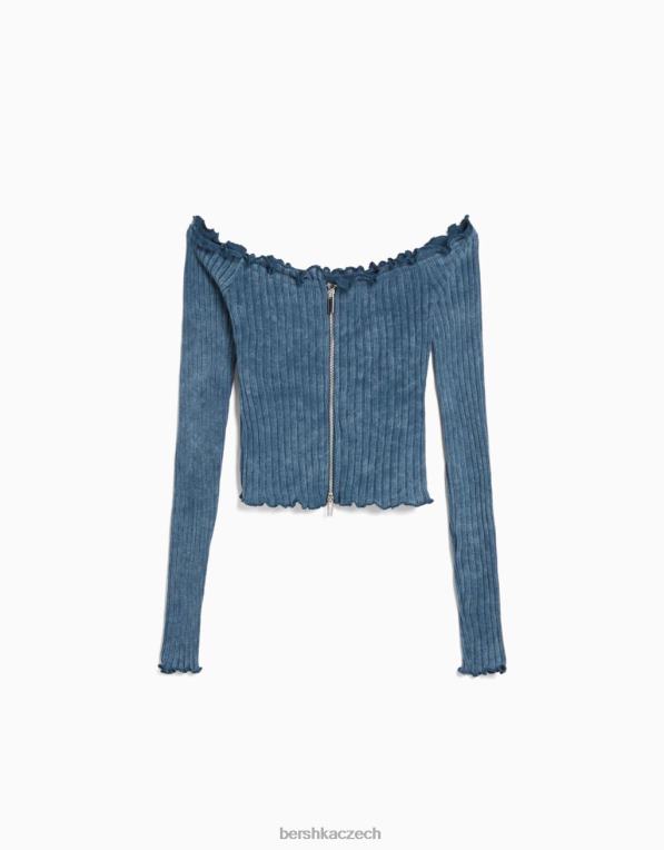 ženy Bershka vybledlé vypasované tričko s dlouhým rukávem se zipem P88442044 oblečení světle modrá