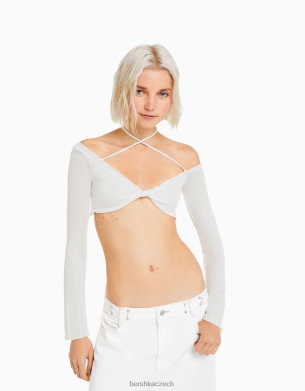 ženy Bershka zkrácené tričko s dlouhým rukávem a vícecestným uzlem P8844455 oblečení špinavě bílé