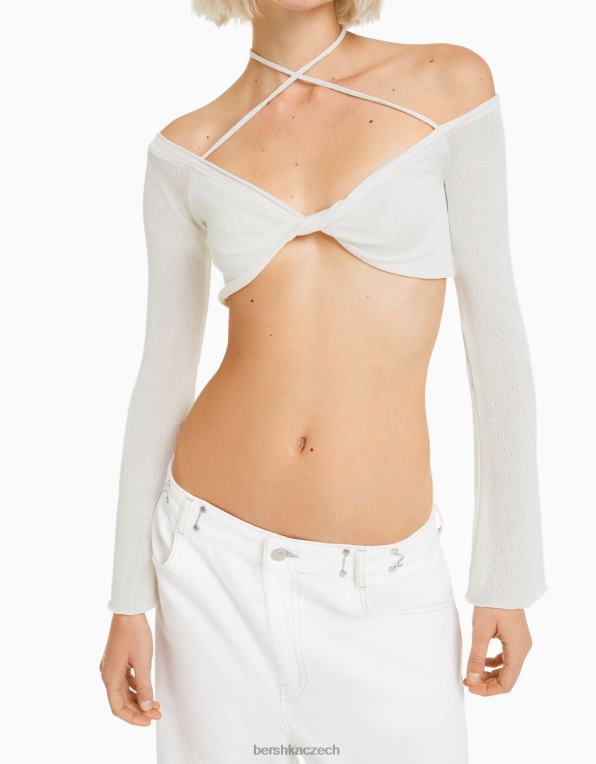 ženy Bershka zkrácené tričko s dlouhým rukávem a vícecestným uzlem P8844455 oblečení špinavě bílé