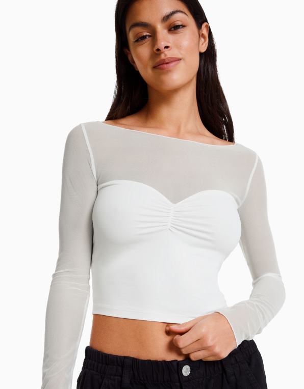 ženy Bershka zkrácené tričko s dlouhým rukávem z kontrastní látky P8844498 oblečení bílý