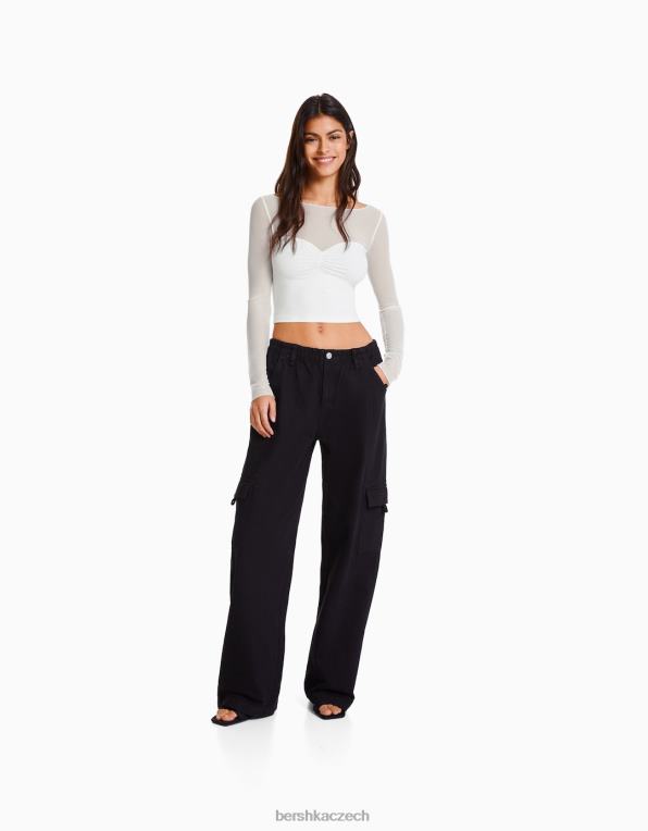 ženy Bershka zkrácené tričko s dlouhým rukávem z kontrastní látky P8844498 oblečení bílý