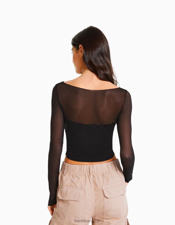 ženy Bershka zkrácené tričko s dlouhým rukávem z kontrastní látky P8844499 oblečení Černá