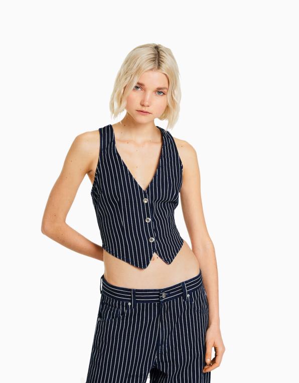 ženy Bershka proužkovaná džínová vesta P8844864 oblečení jiný