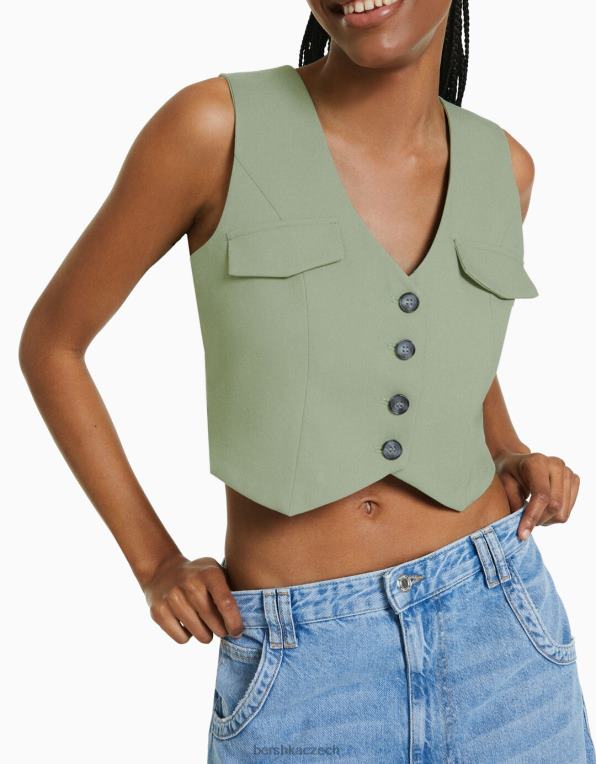 ženy Bershka vesta s knoflíky na míru P88441196 oblečení khaki